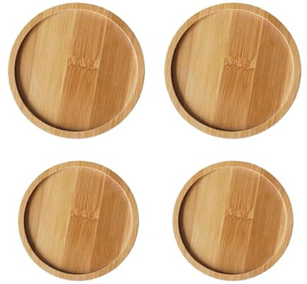 Pack of 4 Round Tea Cup Tray & Wooden Candle Holder - Simple Saucer with Coaster (8cm, 10cm) for Christening