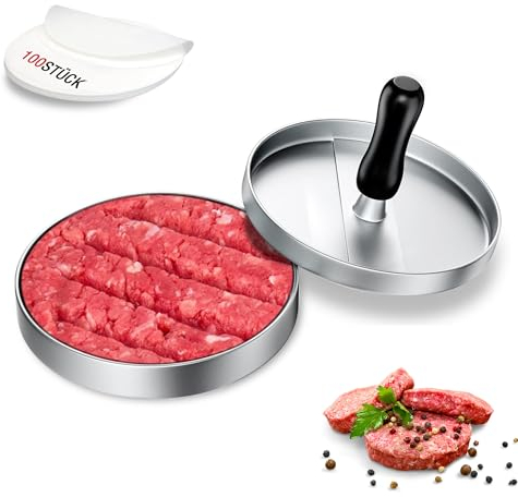 JUANSHI® Prensa para Hamburguesas de Acero Inoxidable, con 100 Papel de Hornear, Prensa de Hamburguesas, 12 cm, Accesorio para Barbacoa, para Carne, Carne de Res, Queso (Plata)