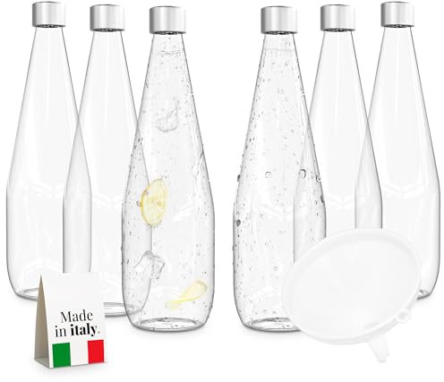 TUNDRA - Lot de 6 Bouteille Verre 75cl avec 6 Bouchons à Vis et 1 Entonnoir | Ligne CONIC | Bouteilles en Verre MADE IN ITALY, Résistantes et Lavables au Lave-Vaisselle - Pour l'Eau, la Limonade