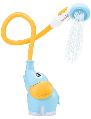 Yookidoo Baby Bath Shower Head - Elephant Water Pump with Trunk Spout Rinser - Control Water Flow from 2 Trunk Knobs in Tub or Sink for Infants and Newborn Babies (Blue and Orange)