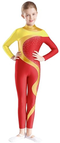 Miaeowve Voltigieranzug Mädchen Ganzkörper Kinder Strass Glitzer Gymnastikanzug Gelb Rot 158-164