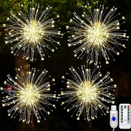 LXWINNER Fuegos Artificiales, 4 Piezas 120 LED Luces Navidad, 8 Modos USB Guirnalda Con Mando a Distancia, Para Interiores, Exteriores, Festivales Decoraciones