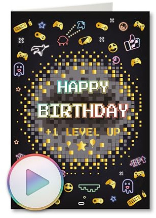 PlayMegram Individualisierbare Audio-Geburtstagskarte mit USB-Anschluss, 16 MB Speicher für MP3-Dateien, Gamingmotiv innen & außen, wiederaufladbarer Akku – für individuelle Musik & Sprachnachricht