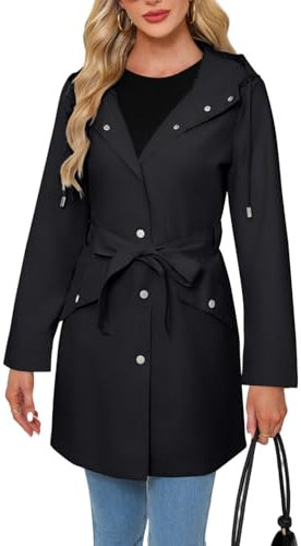 LIUYUYOUGO Cappotto Donna Lungo Elegante Trench Da Donna Con Cintura Leggero Monopetto Spolverino Trench Elegante Manica Lunga Impermeabile Con Cappuccio Cappotto Antivento Giacca Di Transizione Ner