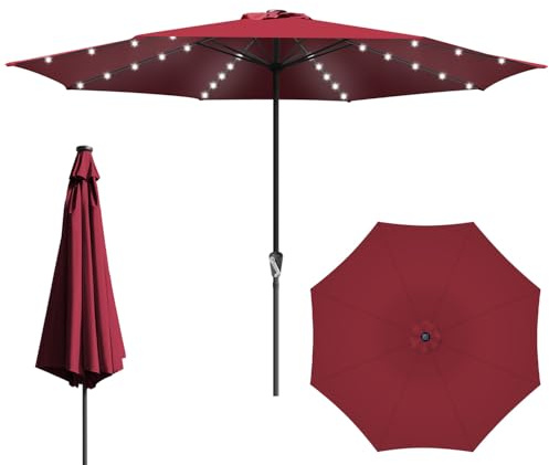 Tubiaz Solar LED Sonnenschirm 350 cm Rot, UV50+ Gartenschirm mit Handkurbel, 40 LEDs, 100% Polyester, 38 mm Mast, 8 Stahlstreben, wasserabweisend, ohne Ständer