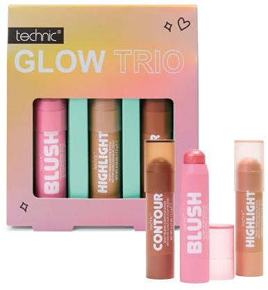 Technic Glow Trio Stick Set – Easy-to-Apply Cream Blusher, Highlighter & Contour for a Sculpted, Radiant Glow - Makeup Gift