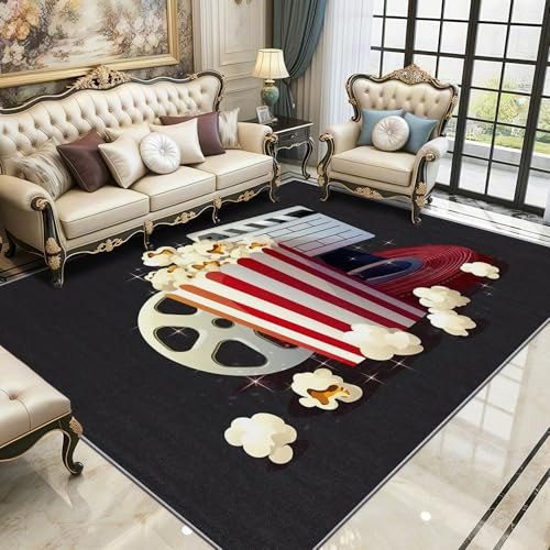 Popcorn Area Rugs for Living Room 120x120 - Film Theater Deco Rug for Bedroom, Movie Night Black Non Slip Washable Short Pile Carpet