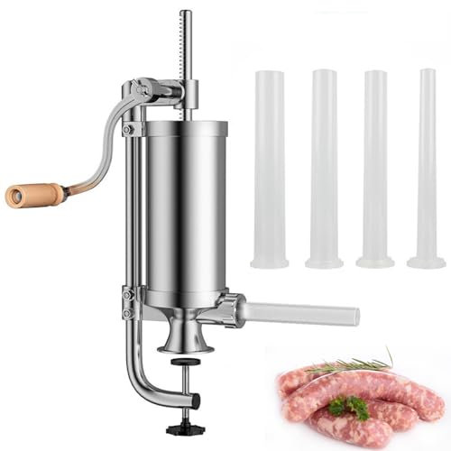 Dynaeuty Manual Sausage Stuffer, 2.5 LBS, Stainless Steel, 4 Tubes, Vertical Meat Filling Machine