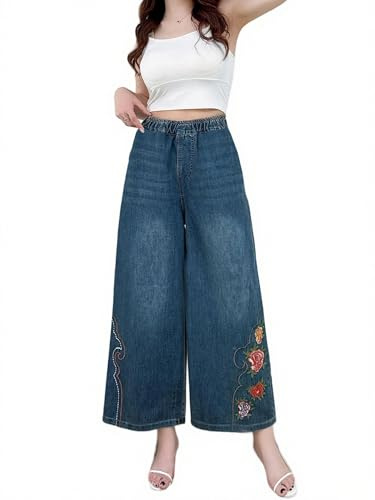 Tozamil Jean large pour femme - Taille haute - Broderie - Jambe large - Pantalon Palazzo décontracté avec poches, a, Taille XL
