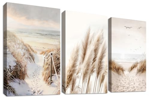 3 st målningar med träram, modern naturbild, strand, Östersjön, canvas, dekorativ bild, pampasgräs, vass, solnedgång, dekoration, vardagsrum, sovrum, matsal, hall, 50 x 70 cm x 3