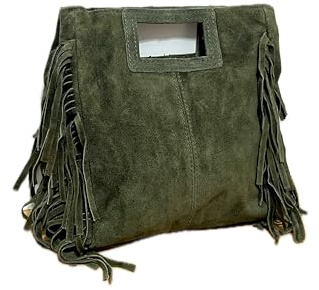 MINNI MOON, Bolso de Hombro con flecos para Mujer, Bandolera con Flecos27x25x7 cm, Bolso con flecos Piel Serraje, Cierre de Cremallera (Verde)