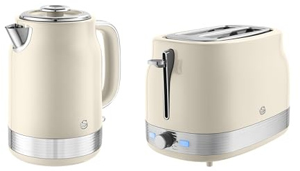 Swan Retro Revive Kitchen Set, 1.7L Rapid Boil Jug Kettle and 2 Slice Toaster, 930W, Cream, SK19025C & ST19028C
