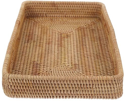 Ratán Rectangular Tejida a Mano Bandeja para Servir | Bandeja Decorativa Rectangular, Estilo Bohemio, Uso en Cocinas y Baños, Madera y Ratán
