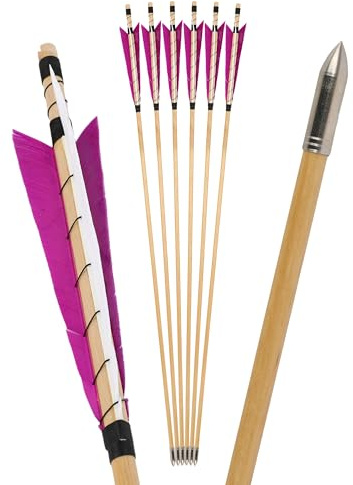 surwolf 31” bågskyttepilar av trä, traditionellt handgjorda, med 6” kalkonfjäder, OD8.5mm träskena, jaktmål för långbåge/recurvebåge hästbåge 6&12 st. (rosaröd, 6pcs)