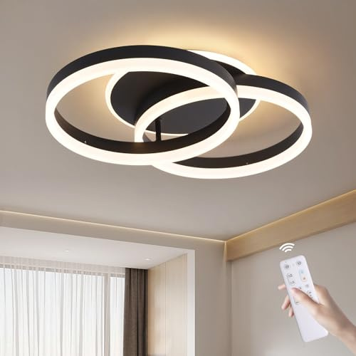 LED Ceiling Light 36W for Living Room, 50cm 2-Ring Design, Modern Ceiling Lamp with Remote Control, Dimmable, Metal + Acrylic, Night Light & Memory Function, for Bedroom, Dining Room, Office, Black