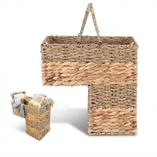 L-Shaped Stair Basket with Carry Handles, Stair-Step Organizer for One-Trip Pick-Up, Handwoven Seagrass & Water Hyacinth, Reinforced Metal Frame, 16.1 H x 16.1 L x 10 W