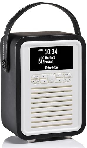 Retro Mini Portable Dab Radio Mains Powered - Digital Dab Radio Alarm Clock - Rechargeable Bluetooth Radio Battery Powered with Aux - Bedside FM, Dab+ Radios with Dual Alarms Battery Operated - Black