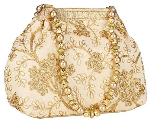 Suman Enterprises Potli Bag For Women, Golden, Velvet, Floral, Drawstring Closure, 7.5 x 7.0 Inches, 24 Inch Strap, Lightweight, Perfect For Weddings & Festive Parties