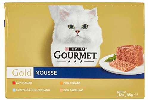 GOURMET Gold Cibo Umido per Gatti Adulti Mousse con Manzo, Pesce dell'Oceano, Tacchino, Fegato 12 Lattine da 85g