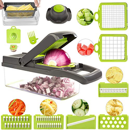FUKTSYSM Vegetable Chopper - Vegetable Cutter 15 in 1 Mandoline Slicer Adjustable Vegetable Slicer with Julienne Grater Include Clean Brush and Hand Guard