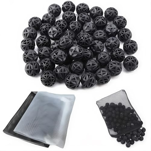 CESFONJER 90 Unids Peces de Acuario Filtro de 18mm Bio Bolas, Bio Bolas de Medios de Filtro, Bio-Bolas para la Limpieza de Filtración de Tanques de Acuario + (2 Pcs /15 * 20cm) Bolsas de Malla
