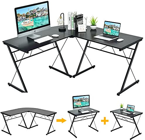 COSTWAY Bureau d'Ordinateur en Forme de L, Bureau d'angle Détachable 2 Façons d’Assembler, Table d'Ordinateur, Bureau Gaming Informatique Ergonomique, Assemblage Facile, 150 x 150 x 76 cm, Noir