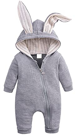 Nyfödd spädbarn baby flickor pojkar påsk sparkdräkt långärmad kanin bodysuit med huva toppar dragkedja outfit kläder, Grå, 6-9 månader