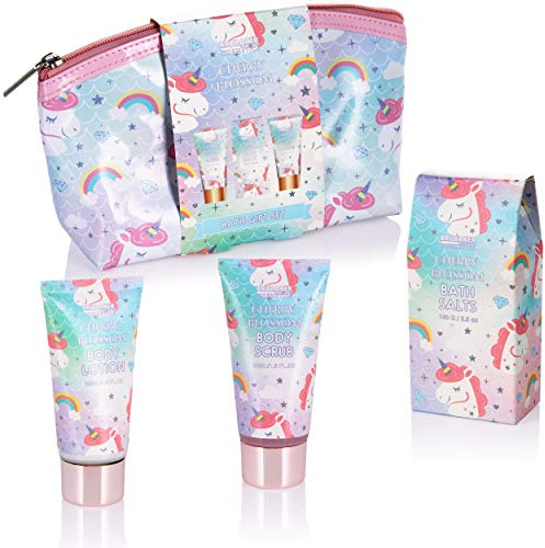 BRUBAKER Cosmetics 4-tlg. Einhorn Bade- und Dusch Set Cherry Blossom - Geschenkset mit Kirschblüten Duft in Kosmetiktasche
