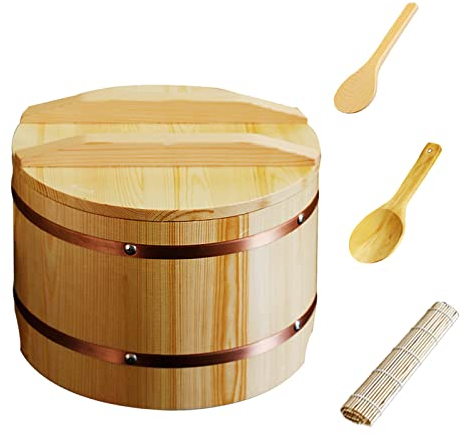 WSHA 4 PCS Sushi Wooden Rice Bowl with Lid Sushi Making Kit, Round Hangiri Sushi Rice Mixing Tub, for Restaurant Home Kitchen(Free Spoon, Roller Blind, Shovel),Small