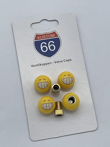 4er Set Ventilkappen + 2 Fahrradadapter - Smiley Fettes Grinsen - für jedes Auto, Motorrad und Fahrrad geeignet