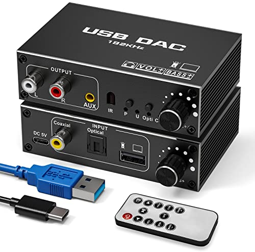 Convertisseur Audio Numérique/Analogique DAC USB 192KHz - Tendak Adaptateur Audio USB Optique SPDIF Coaxial vers Analogique Stéréo RCA L/R et Jack 3,5mm avec Contrôle du Volume, Réglage des Basses