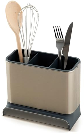 simplywire - Kitchen Sink Caddy - Utensil Holder - Cutlery Tidy Organiser - Removable Drip Tray - Non-Slip - Grey and Stainless Steel
