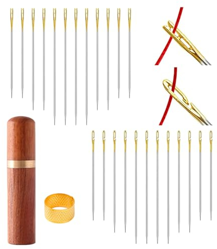 Quelcc 48 Piezas Agujas para Coser a Mano, Agujas Autoenhebrables en 3 Tamaños, Agujas Ciegas con 1 caja de agujas de madera y 1 dedal, Agujas de Coser Autoenhebrar para Personas Mayores y Ciegas