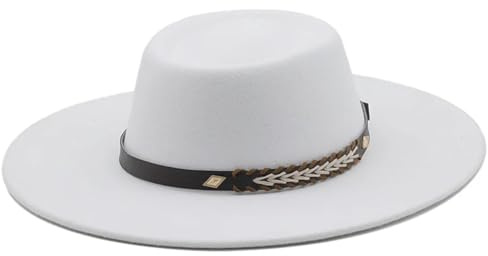 Hndudnff Unisex-Hut für alle Jahreszeiten, Filzhut, breite Krempe, Kirche, Hochzeit, klassischer Bandhut, weiß, One size