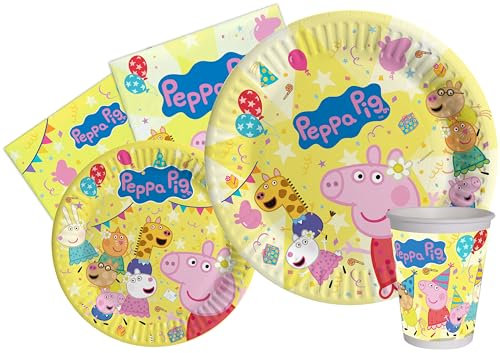Partygeschirr Party-Set Peppa Pig Peppa's Birthday für 24 Personen (112 pcs: 24 Pappteller Ø23cm, 24 Pappteller Ø18cm, 24 Becher 250ml, 40 Servietten 33x33cm) aus eco-friendly kompostierbarem Papier