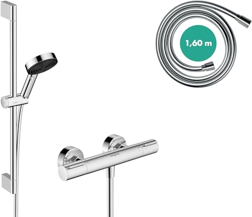 hansgrohe Pulsify Select S - wassersparendes Duschset mit Thermostat Ecostat Element, Duschthermostat mit Duschkopf 8,2 l/min (EcoSmart), Duschstange 65cm, Duschschlauch und Halterung, Chrom, 24272000