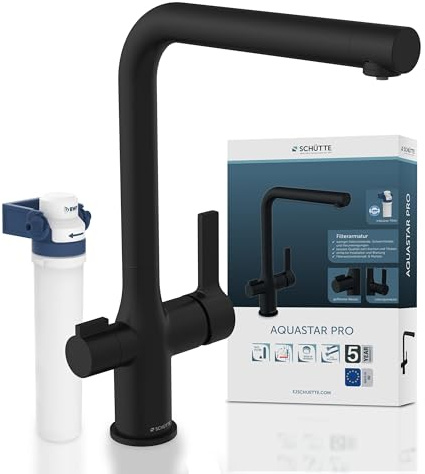 SCHÜTTE 99860 AQUASTAR PRO Trinkwasser-Spültischarmatur mit Filtersystem, 3 Wege Küchenarmatur, Küchenarmatur mit Wasserfilter gegen Kalkrückstände und Schwermetalle, Schwarz