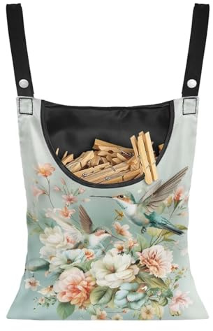 CREAMIC Hummingbird Floral Clothes Pin Bag to Hang On Line Reusable Clothespin Holder Laundry Room Clothespin Holder with Large Opening Space-Saving Clothespin Storage Solution