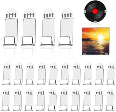 KASESSS 24 Pezzi Porta Vinili da Parete, Porta CD da Parete, Trasparente Porta Dischi Vinile, Autoadesivo Porta Vinile da Parete Piccolo in Acrilico Appendi Vinili per Esporre Dischi in Vinile e Foto