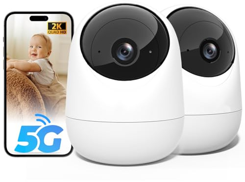 Rraycom 2Pack 2K Security Camera Indoor 5G/2.4 GHz Wi-Fi, Baby Monitor Pet/Dog Camera 360-Degree for Home Security, Smart Motion Tracking, 24/7 Live View, Night Vision, Compatible with Alexa