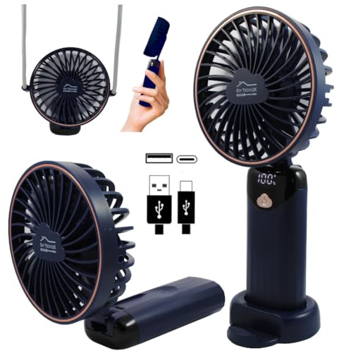 DIY TECH UK - CoolBlast Max - 4 in 1 Handheld Rechargeable Fan - 5 Speed | With LED Display - Hand Held Folding Portable Fan USB Battery Powered Mini Foldable Desktop Desk For Home Office Bedroom Blue