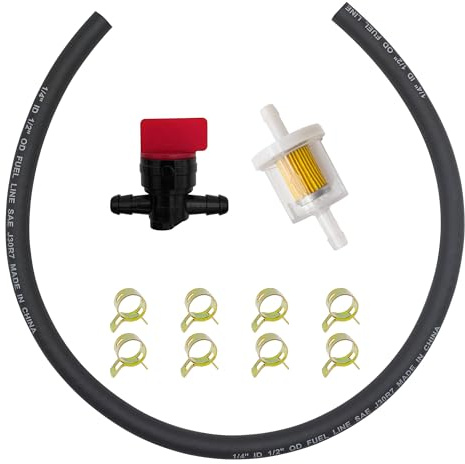 YGQ 5414K 1/4 tum bränsleledningsslang + inline bränslefilter + bränsleavstängningsventil, kompatibel med Briggs 283207 791850 95162S 691035 698183 Liten 8 klämmor gräsklippare