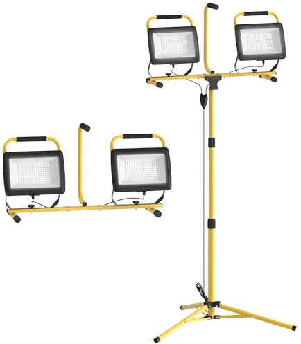 HOMCOM Faro da Cantiere da Lavoro 2x100W, Faretto da Cantiere da 6500K 17000LM con Treppiede Staccabile, Testa Girevole e Supporto Regolabile, Faretto a LED in Alluminio e Metallo, IP65, Giallo e Nero