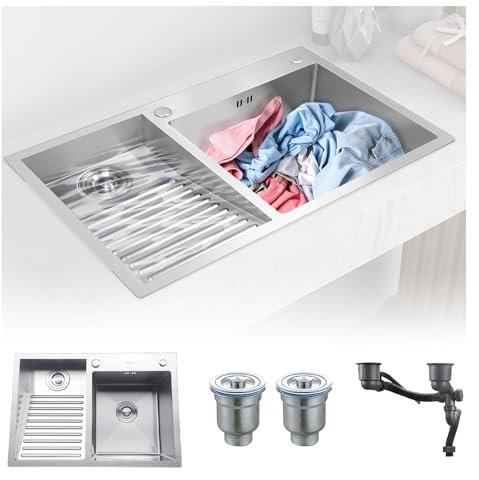 JETXYHUB Edelstahl-Doppelwaschbecken Mit Waschbrett & Ablaufset – 60/70/80cm, Topmount,Tiefe Becken Für Waschküche/Balkon/Haushalt, Leicht Zu Reinigen (SUS304)(Silver,70X48CM_Left)