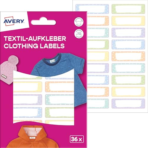 AVERY Zweckform ETVET36M Namensaufkleber wasserfest für Kleidung 36 Stück (13x45mm, Vinyl-Folie, selbstklebende Textil-Etiketten, beschriftbare Textilaufkleber, für Waschmaschine, Trockner) pastell