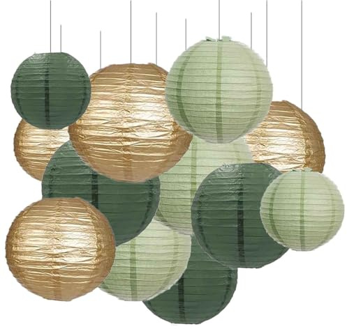 GAKA FAVOR 12er Papier Lampions Set Retro Salbei Grün und Gold, Eukalyptus Grün Hängedekoration Papierlampions Deko, Salbeigrün Papier Laternen für Hochzeit,Taufe,Geburtstag,Kommunion Party Deko