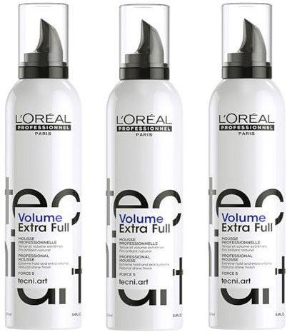 L'Oréal Professionnel, Styling Mousse Volume Extra Fell, Stärke 5, Halt & Volumen ab der Wurzel, glänzendes & natürliches Finish, beschwert die Fasern nicht, Tecni Art 250 ml – 3 Stück