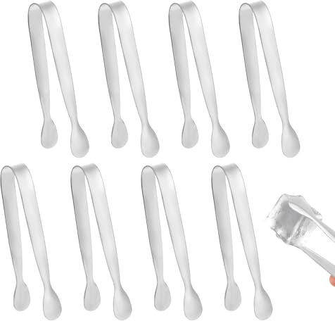 8pcs Mini Metal Tongs, 4.3 Inch Stainless Steel Small Little Camping Kitchen Appetizer Tiny Tongs for Serving Food Ice Cubes Sweet Sugar Cubes Buffet Tea Party Coffee Bar (Silver)