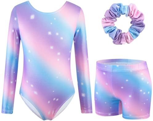 XiaoMoSha Girls Three-Piece Gymnastics Leotards Set Long Sleeve Leotards with Shorts and Hairband Sparkly Ballet Dance Unitards Gradient Color Design Gymnastics Outfits for Kids, PinkPurple, 7-8 Years