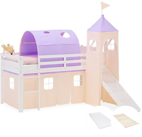 Homestyle4u Lit mezzanine avec toboggan - Sommier à lattes - 90 x 200 cm - Blanc - En bois de pin - Avec tour tunnel - Rideau beige et violet - Article 2965